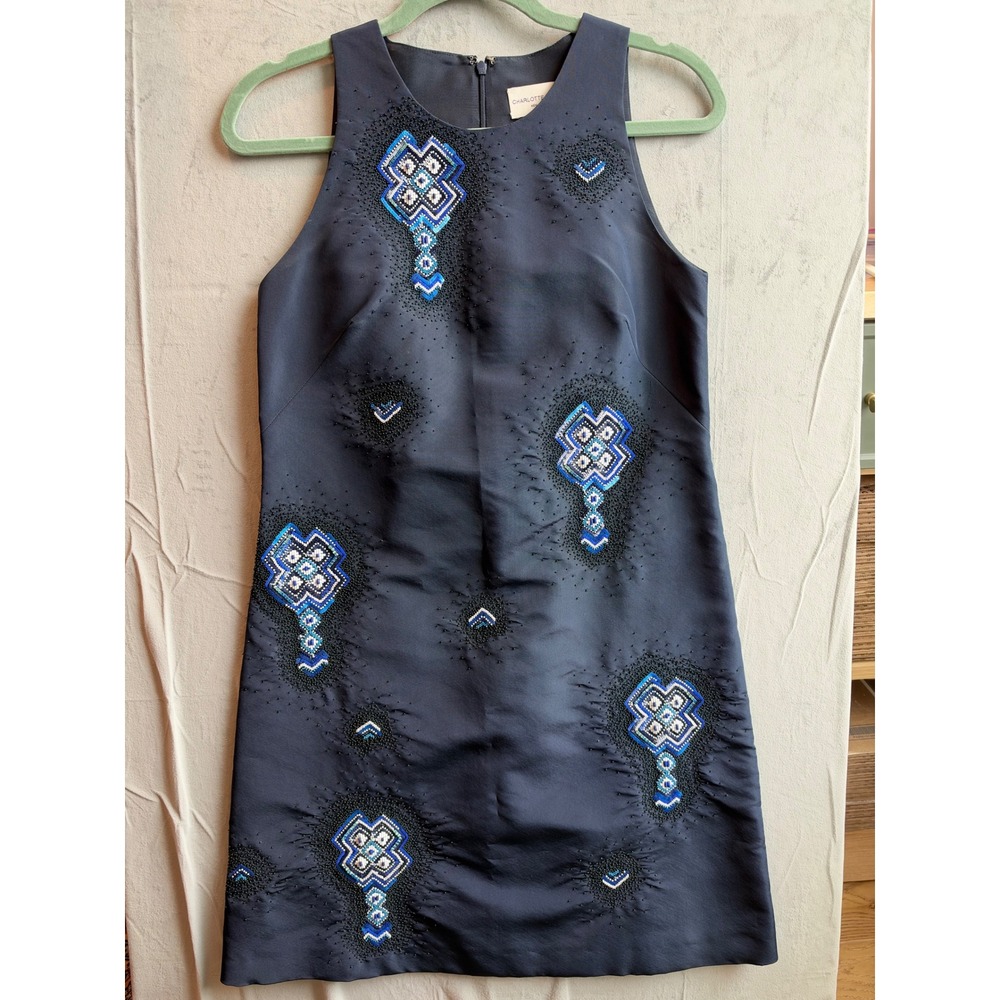 Charlotte Brody Beaded Shift Dress Womens 4 Navy Blue Geometric Embellished Mod
